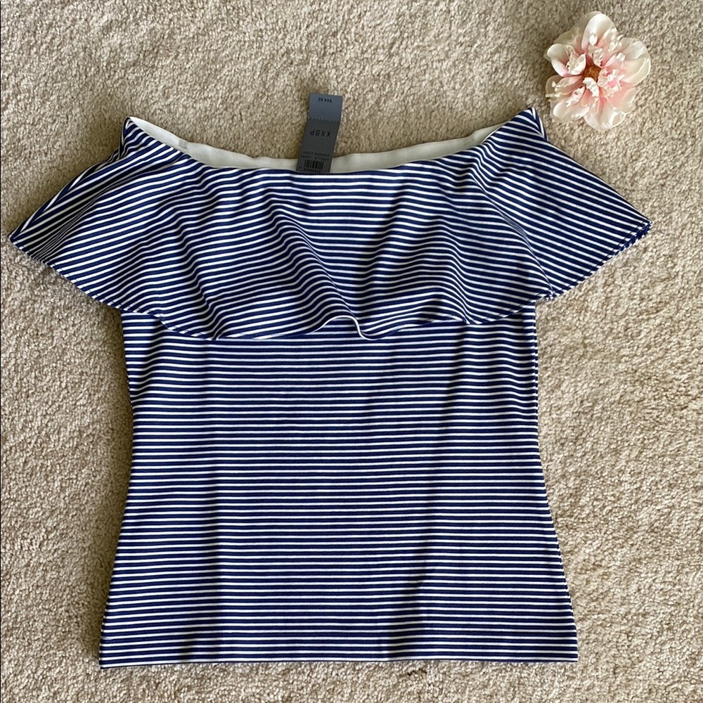 Ann Taylor Blue and White off the shoulder Ruffled Blouse, XXSP, NWT